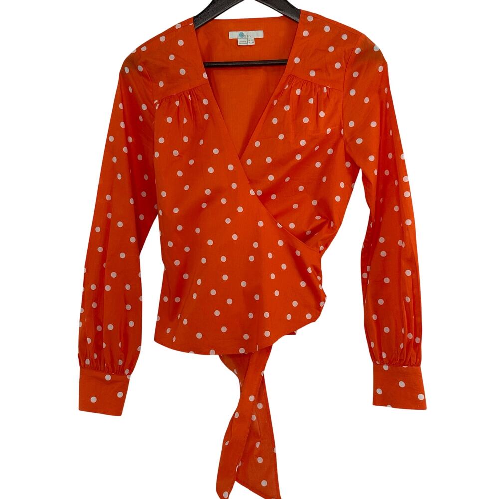 Boden Wrap Blouse Womens 4R Orange White Polka Dot Long Sleeve Cotton